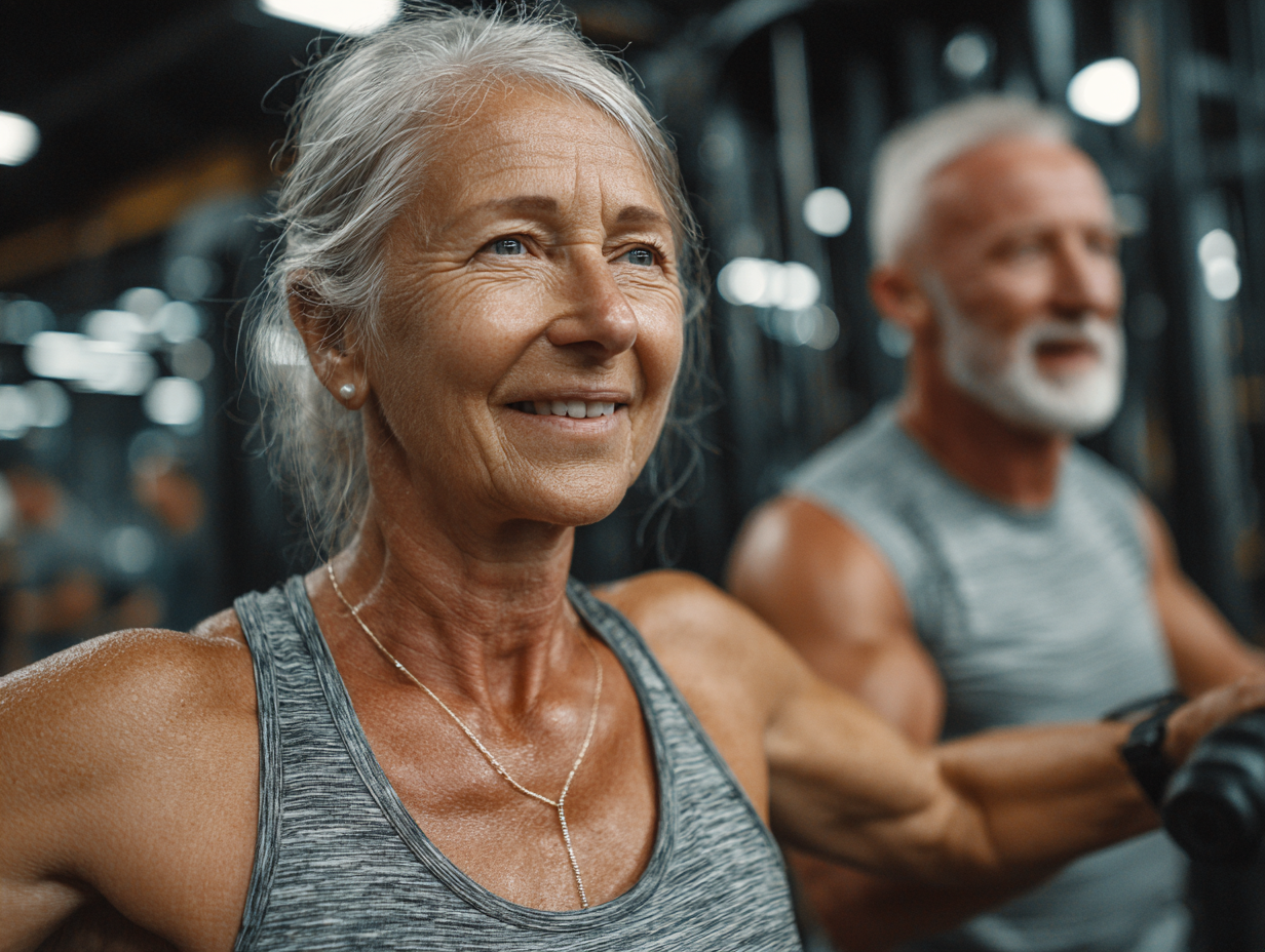 Adultos mayores disfrutando de actividades saludables en espacios naturales con productos orgánicos
